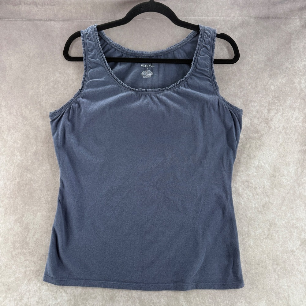 Merona Womens Navy Blue Ruffle Trim Scoop Neck Cotton Tank Top Size M VTG 2011